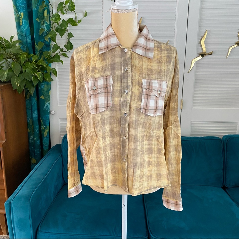 POL Bonfire Plaid Snap Buttondown Shirt Beige Brown Country Layering New Medium - Picture 6 of 11